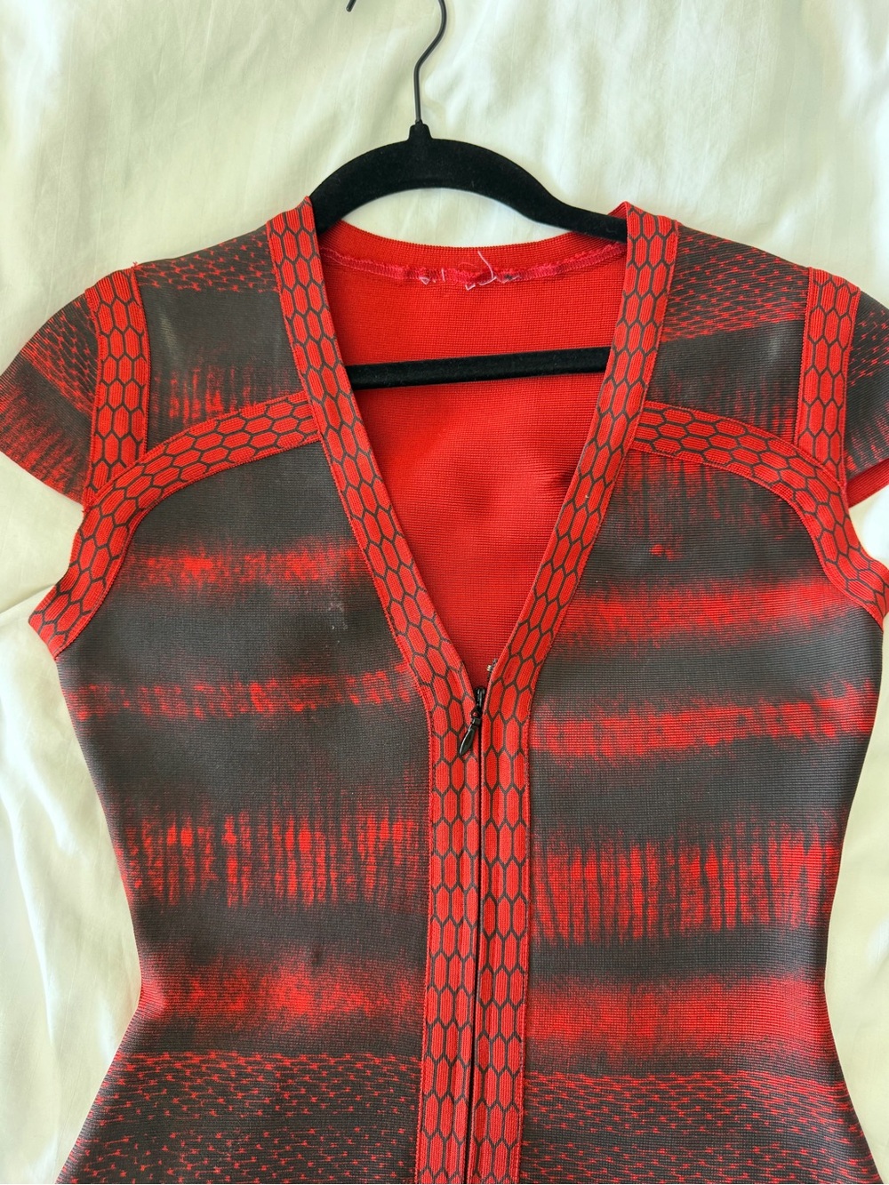 Red & Black Zip-Front Patterned Dress